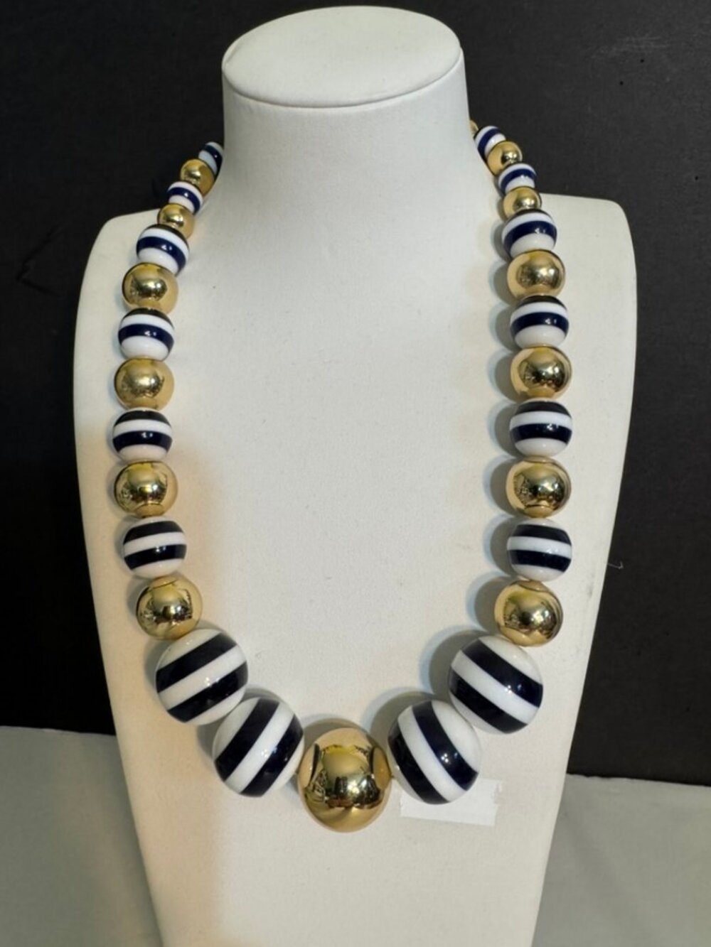 NWT Talbots Statement Necklace Navy White Gold Stripe Graduated Beads Adj Length - Picture 2 of 7